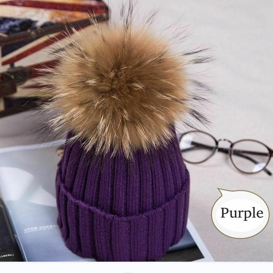2023Hot Women Winter Racoon Fur Pom Pom 15cm Ball Knit Beanie Ski Cap Bobble Hat purple