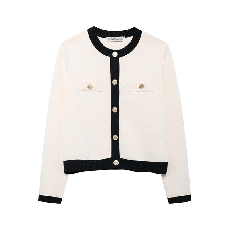 Women's Knitted Cardigan Sweater with Golden Buttons, O-Neck, Long Sleeve, Female Outerwear, Chic Tops, Fashion XS beige
