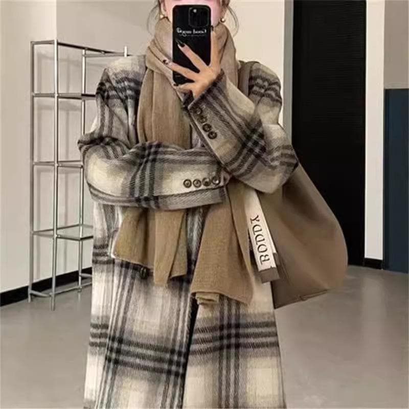Autumn and Winter New Long-haired High-end Korean Plaid Double-sided Wool Coat M