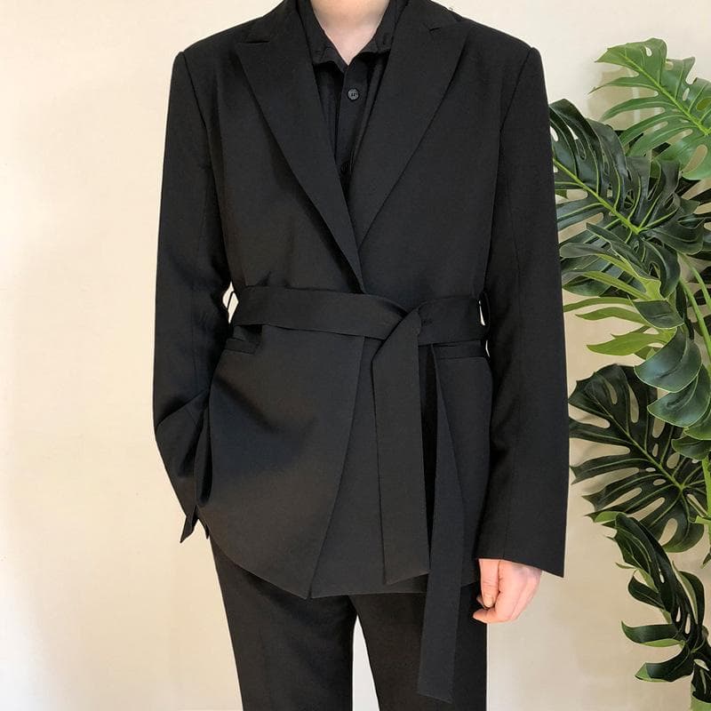 MYQ Men's Slim Korean Style Belted Autumn Suit Jacket: Trendy, Casual, and Handsome XL black
