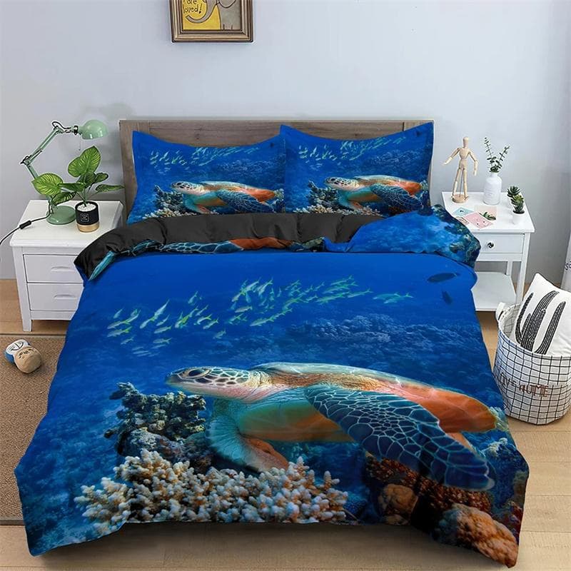 Sea Turtle Duvet Cover Underwater World Themed Marine Life Bedding Set for Women Teen Boys and Girls Gift for Bedroom Decoration 173x218cm 2pcs