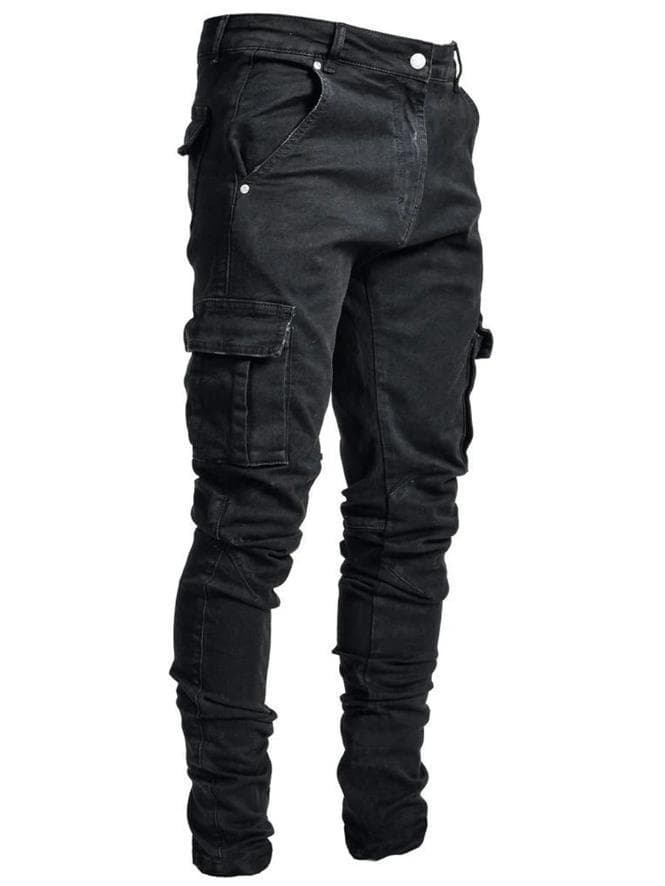 Street Elastic Jeans Men Denim Cargo Pants Wash Pockets Casual Mid Waist Trousers Slim Fit Wear Joggers XL black