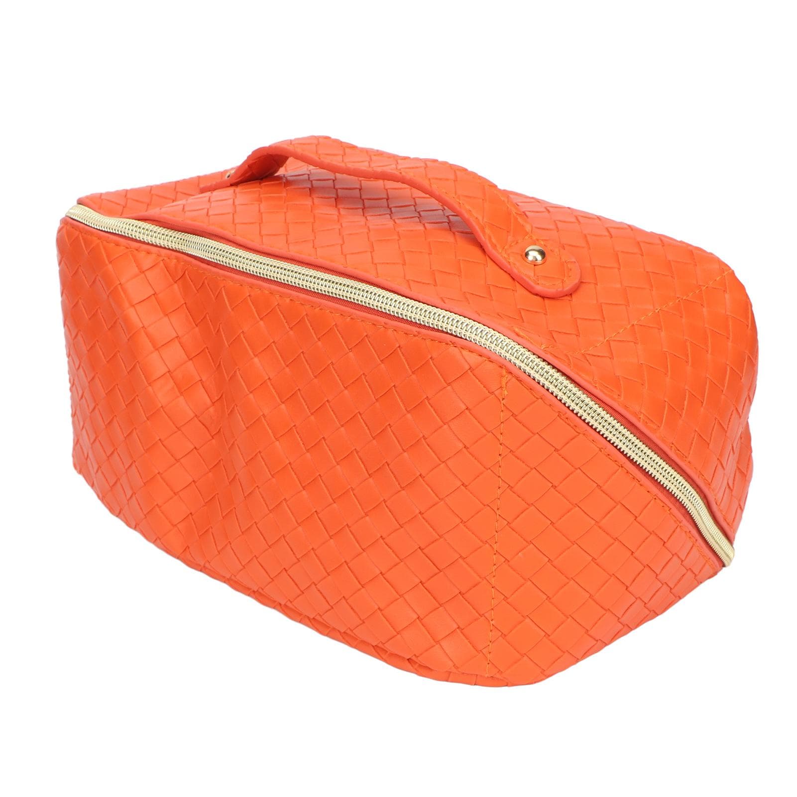 Makeup Travel Bag PU Leather Large Capacity Checkered Multifunction Waterproof Cosmetic Bag Orange