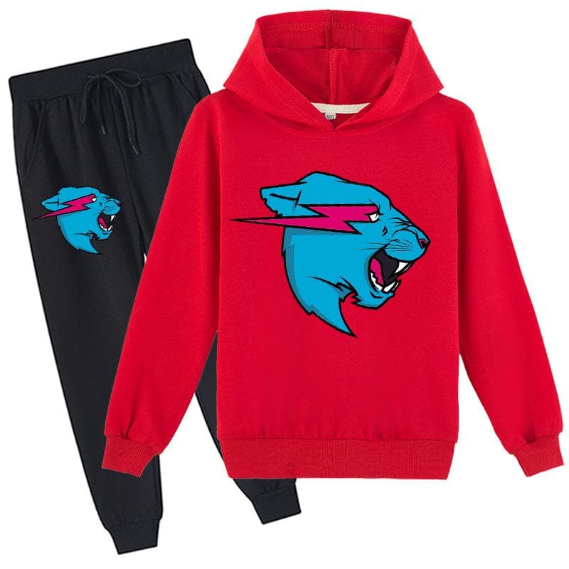 Fashion Mr Beast Lighting Cat Childrens Boys Sweater Cotton Hoodies and Pants Sets 170 red