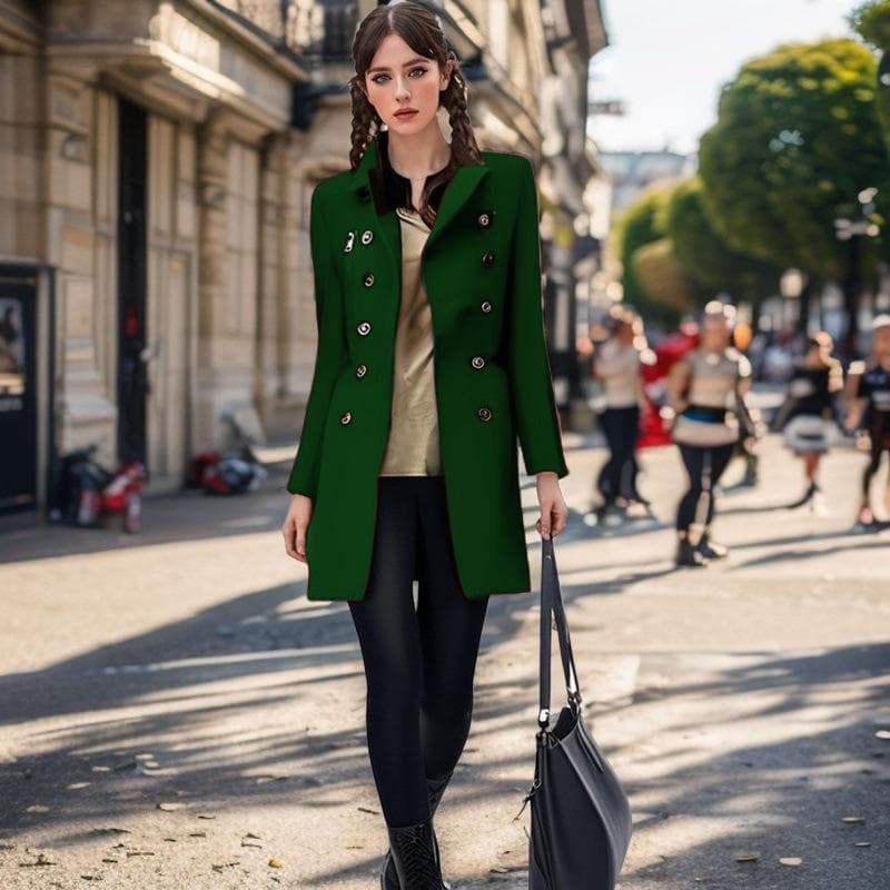 Autumn and Winter Long Woolen Zippered Coat for Women, Double Breasted and Multiple Pockets L