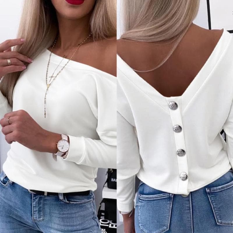 Autumn Long Sleeve Chic Back Buttons Pullovers Shirts Women Street Elegant Slim Fit Casual Blouse Women Tops Fashion Solid Skew Collar Shirt 25433 L white