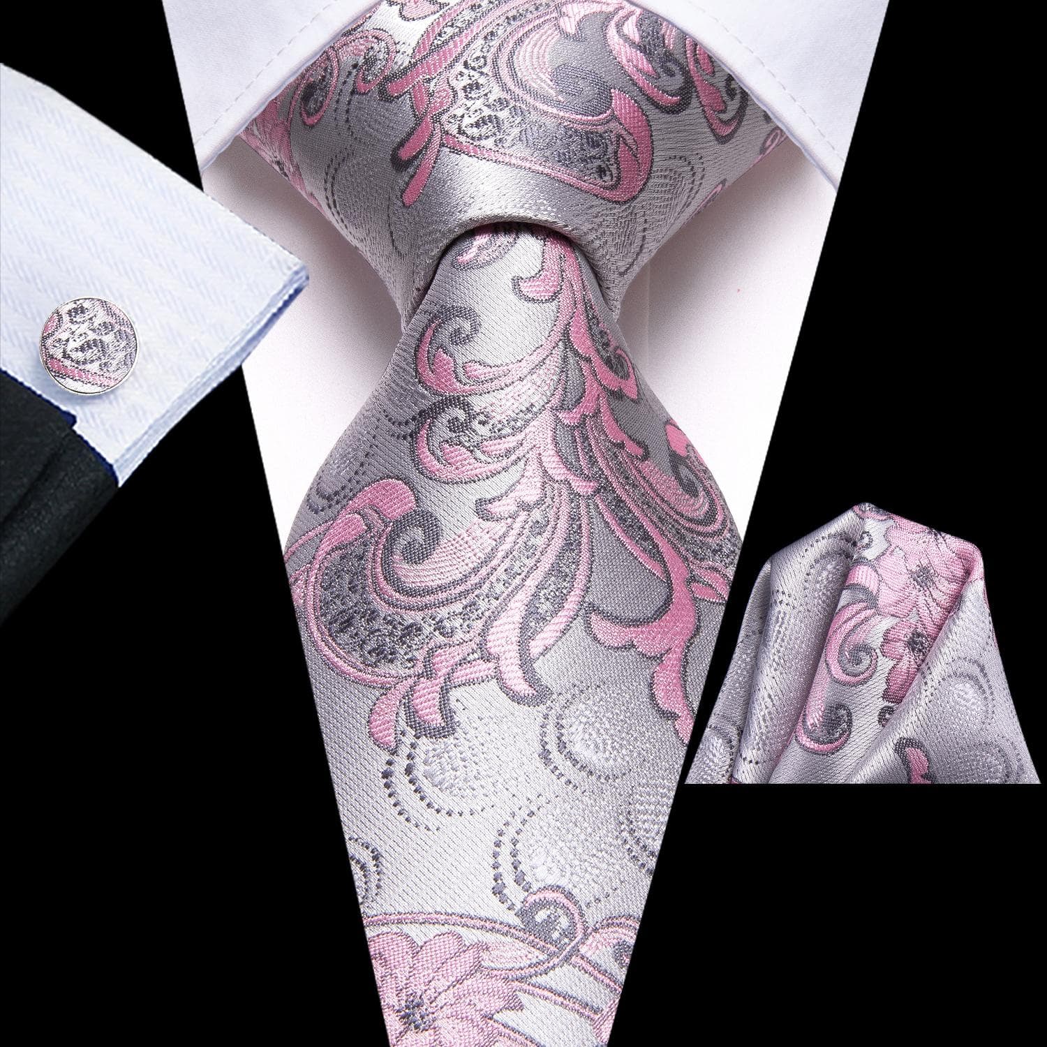 Hi-Tie Mens Accessories Silk Tie Handkerchief Cufflinks Set for Wedding Party Floral Solid Necktie N-3447