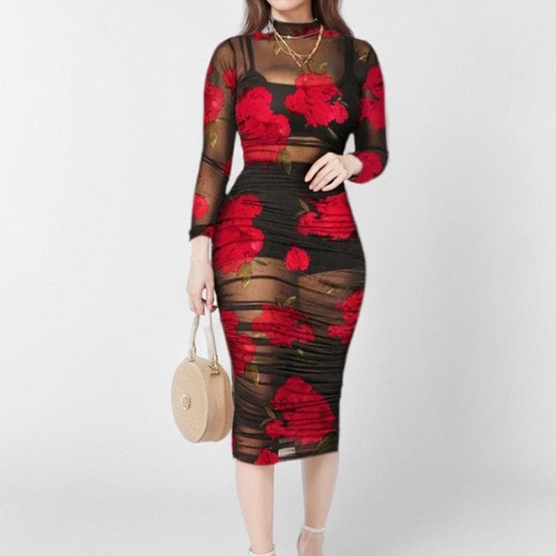 New Summer Women's Clothing Elegant and Fashionable Sexy Printed Dress M red
