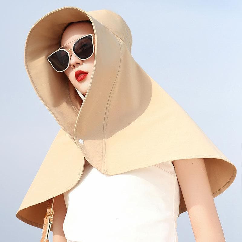 Women Large Brim Sun Hat Bucket Cap with Neck Flap Full Protection Anti-UV Washable Beach Hats Ladies Panama Hat beige