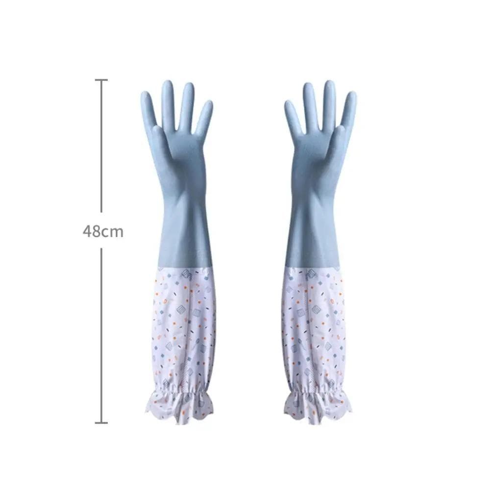 Rubber Dish Washing Gloves Waterproof Elastic Cuffs Housework Gloves Latex Long Sleeve Winter Cleaning Gloves blue