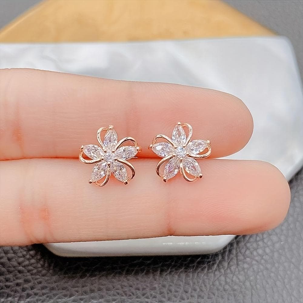 Exquisite Flower Design With Shiny Zircon Decor Stud Earrings Sexy Cute Style Copper Jewelry For Women pink
