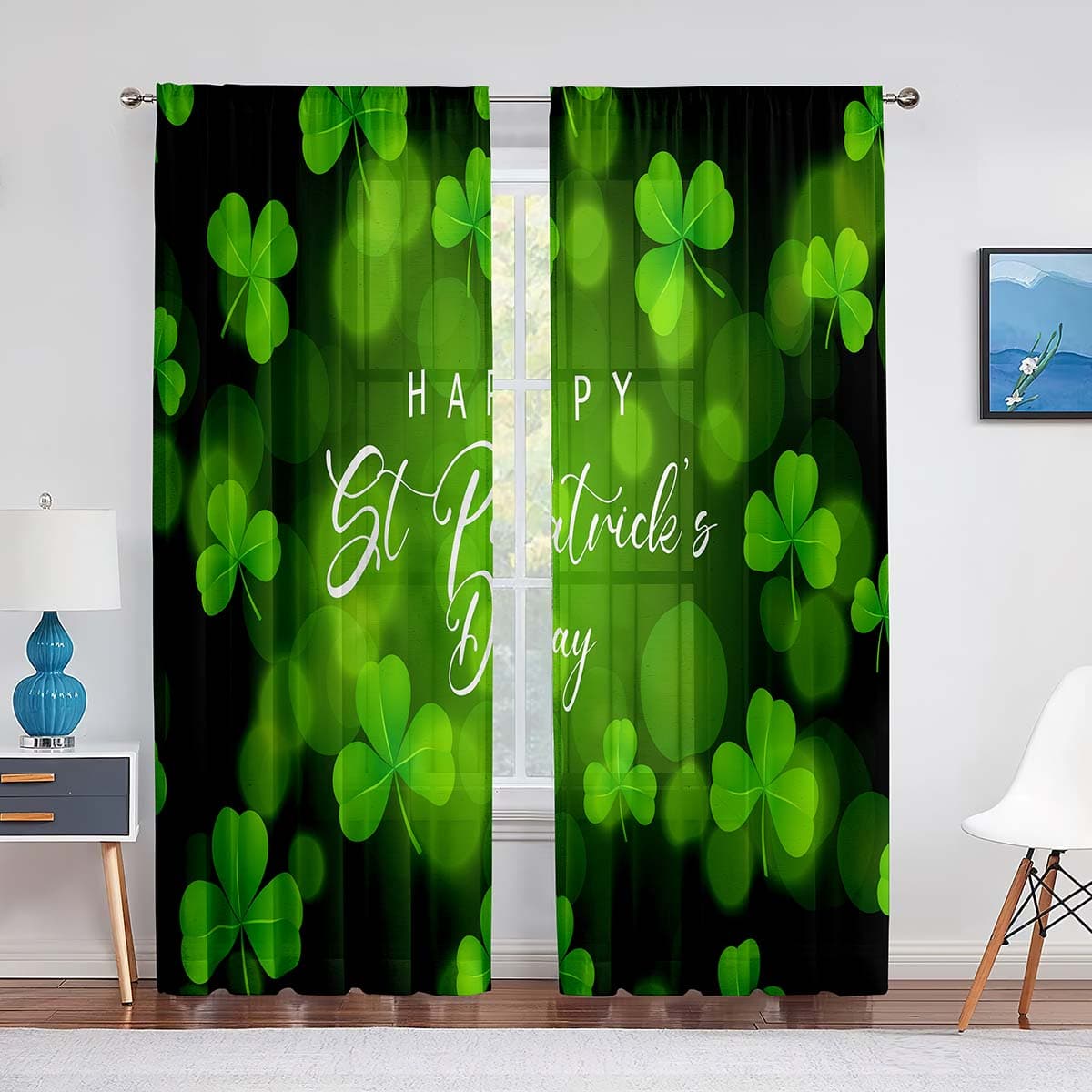 Happy St Patrick's Day Green Four Leaf Clover Tulle Curtain for Bedroom Window Curtain Luxury Decoration Living Room Sheer Drape 1 PCS W100XH250cm&Grommet Top
