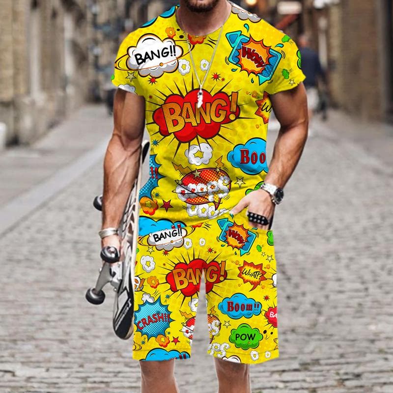Summer Men's T-Shirt Set Hip Hop Funny Short Sleeve T-Shirt Shorts 2-piece Tracksuit Colorful Casual Sports Suit Unisex Clothing L