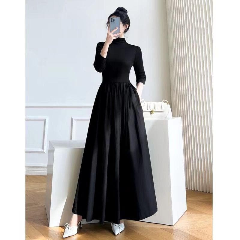 French Half-high Neck Splicing Black Dress, Skinny Senior Sense of Temperament Within The Spring Long Skirt 2XL