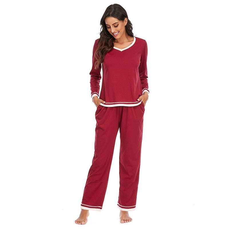 Autumn New Pajamas Set Long Sleeve Pants Two Piece Home Wear Casual Sleepwear Solid Color Women's Loose Fitting Nightwear 2XL red