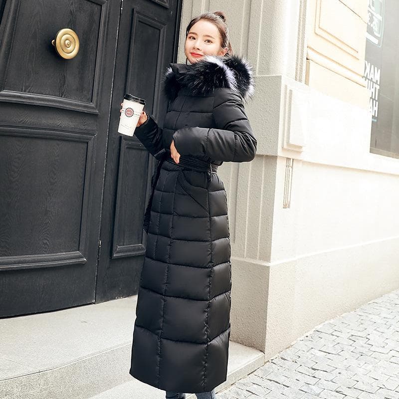Winter Lace-up Long Cotton Coat for Women Korean Style Over-the-knee Thickened Hooded Solid Color Large Fur Collar Down Cotton Coat 2XL