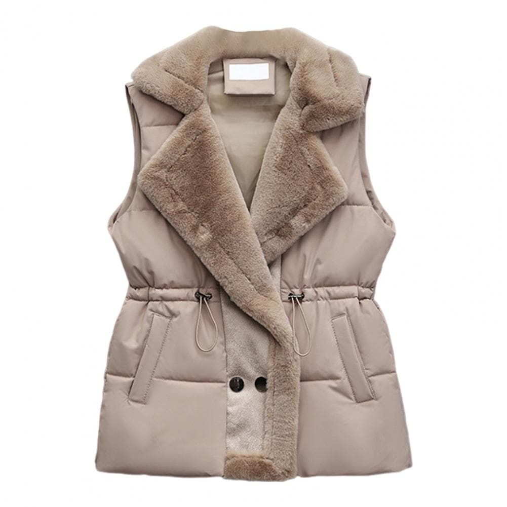 Women Winter Jacket Drawstring Waist Turn-down Collar Thick Plush Lined Sleeveless with Pockets Padded Button Closure Outdoor Wa M khaki