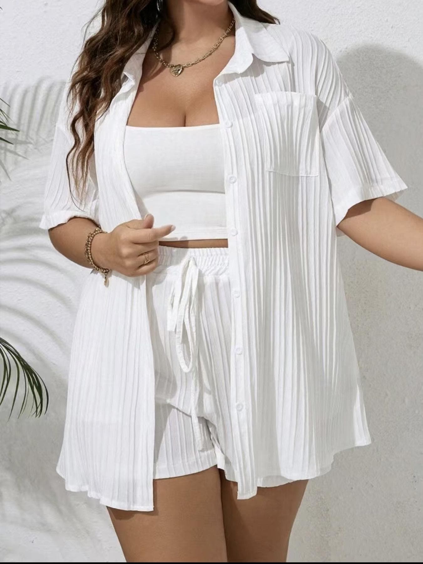 2026 European Plus Size Pleated Short-Sleeve Cardigan & Shorts Set - Women's Casual Vacation Suit 6XL white