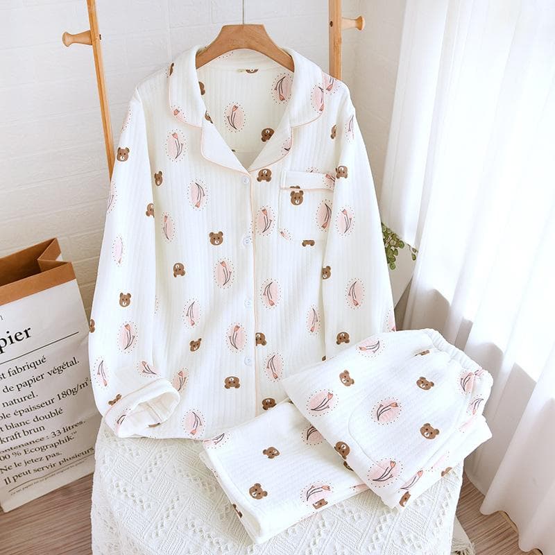 Bear Printed Cotton Pajamas, Autumn and Winter Warm Home Clothes, Lapel Pajamas, Thickened Loose Casual Cardigan Pajamas XL white