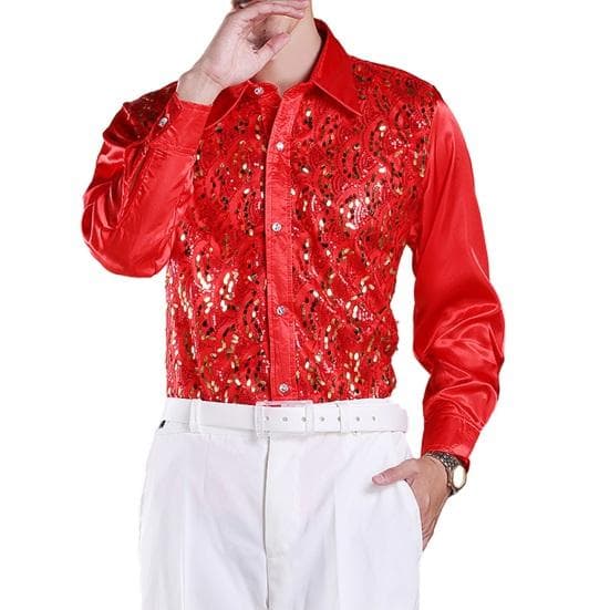 Men Luxury Sequins Shirt Lapel Long Sleeve Single-Breasted Wedding Stage Shirt Slim Fit Formal M red