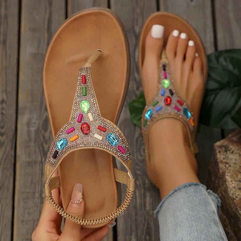 Beaded Decor Bohemian Flat Sandals for Women Summer 2025 Elastic Band Clip Toe Rome Sandals Woman Soft Sole Non Slip Beach Shoes 41 brown