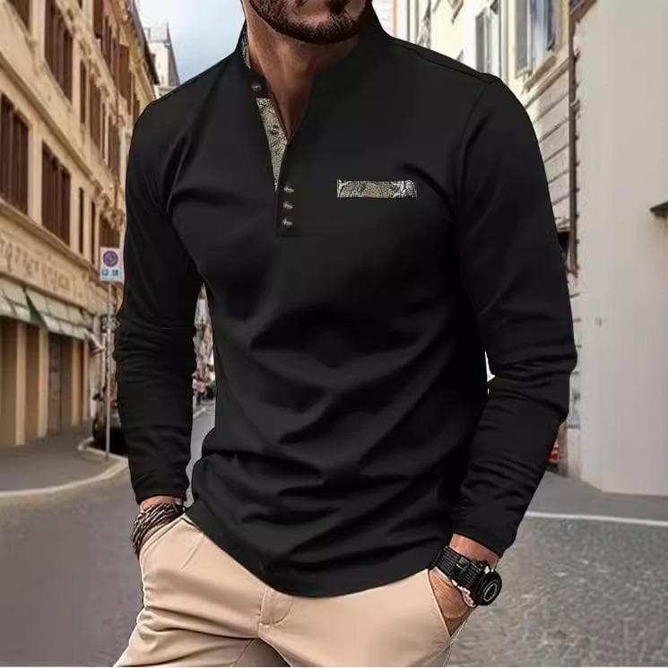 Men's spring and autumn men's stand-up collar polo shirt casual sports long-sleeved Henley shirt XXXL black