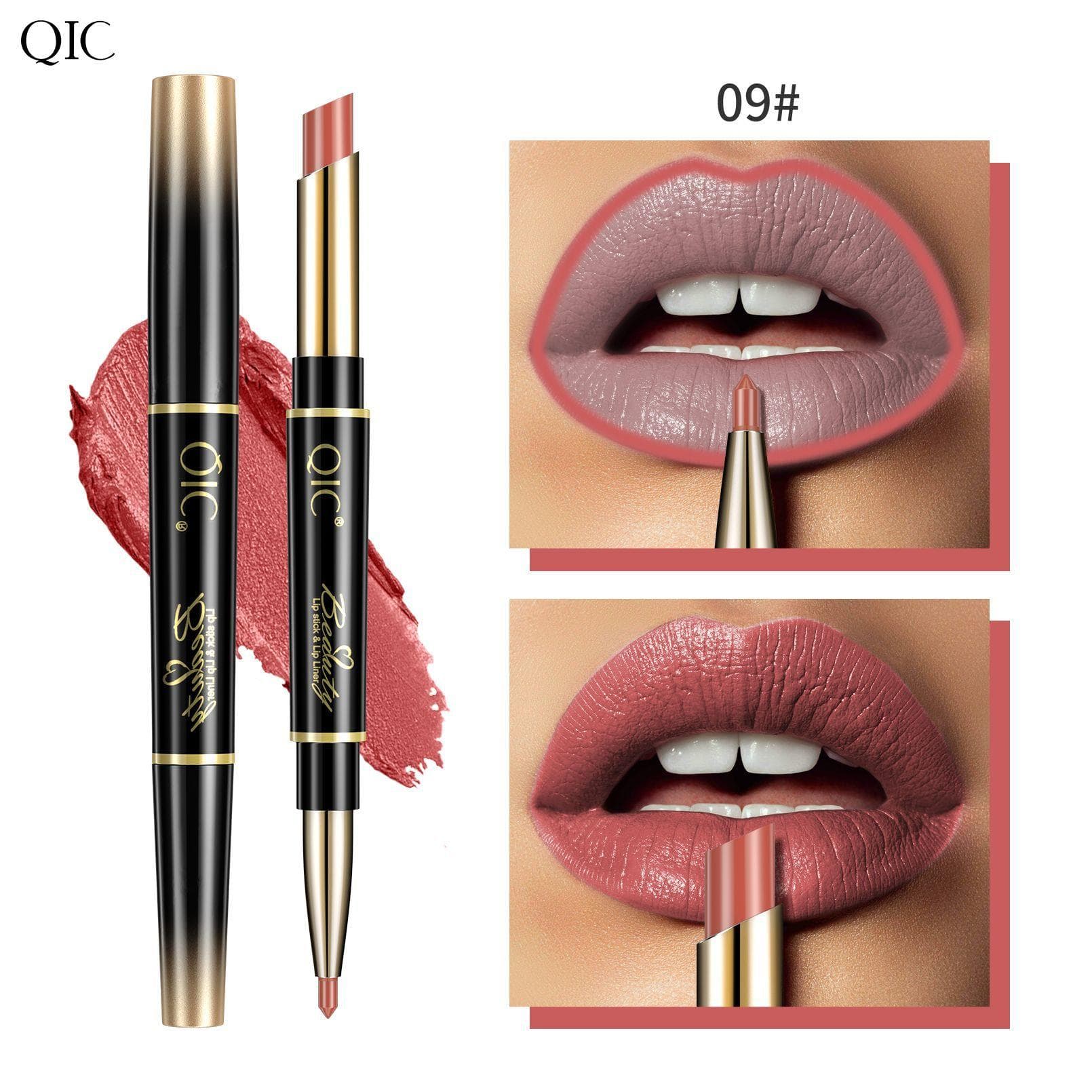 QIC Double-ended Lipstick Pen, Waterproof, Long-lasting, Color-producing Two-in-one Slim Tube Lipstick Lip Liner 09