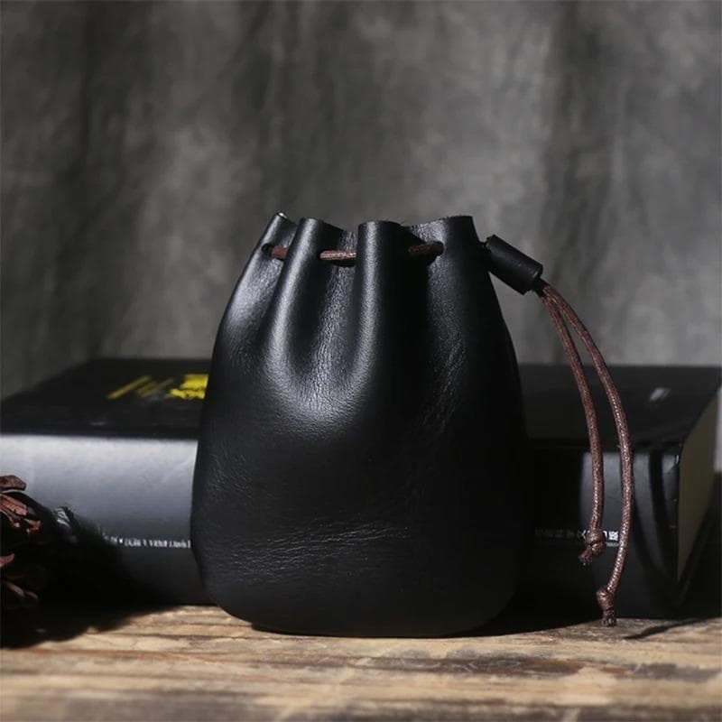 Men's Genuine Leather Coin Purse Simple Vintage Small Card Bag Women's Cowhide Wallet Keys Money Drawstring Storage Bags black