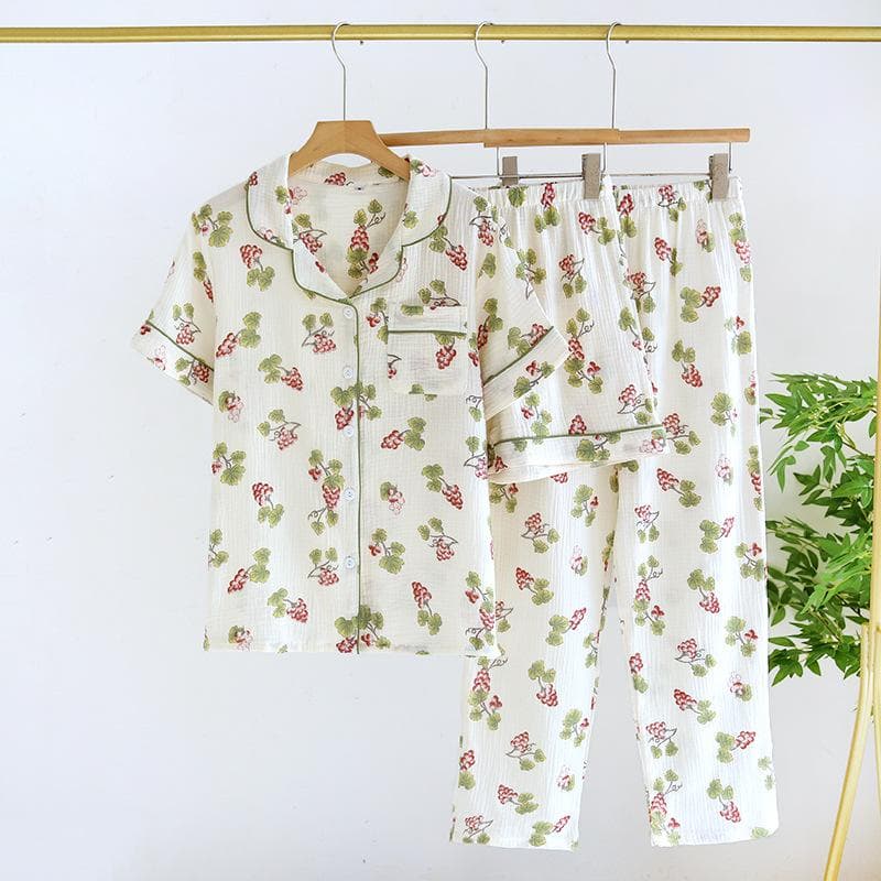 Women's Spring/Summer Pajama Set 100% Cotton Crepe Short Sleeves+Shorts+Pants Three Piece Thin Home Furnishings Pajama XL