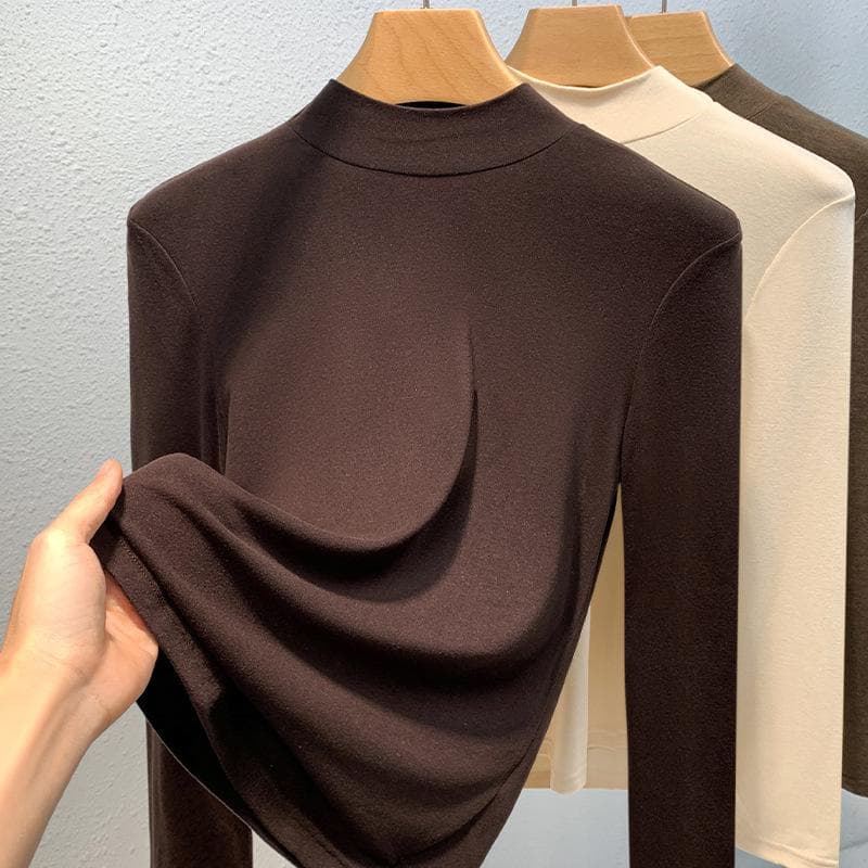 Stand-up Collar Bottoming Shirt Women's New Women's Clothing Bottom Coat Warm Inner Waist Top 3XL dark coffee