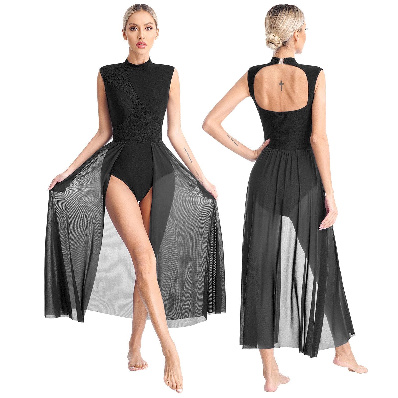 Womens Contemporary Lyrical Dance Dress Ballet Gymnastics Leotard Sleeveless Chiffon Flowy Dress Stage Performance Dancewear XL black