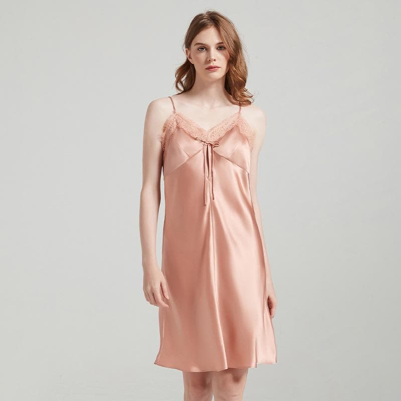 Mulberry Silk Women's Pajamas 19mm Silk Suspender Skirt Lace Bow Short Nightgown Backless Women's Sexy Pajamas Pajamas Pajamas XL