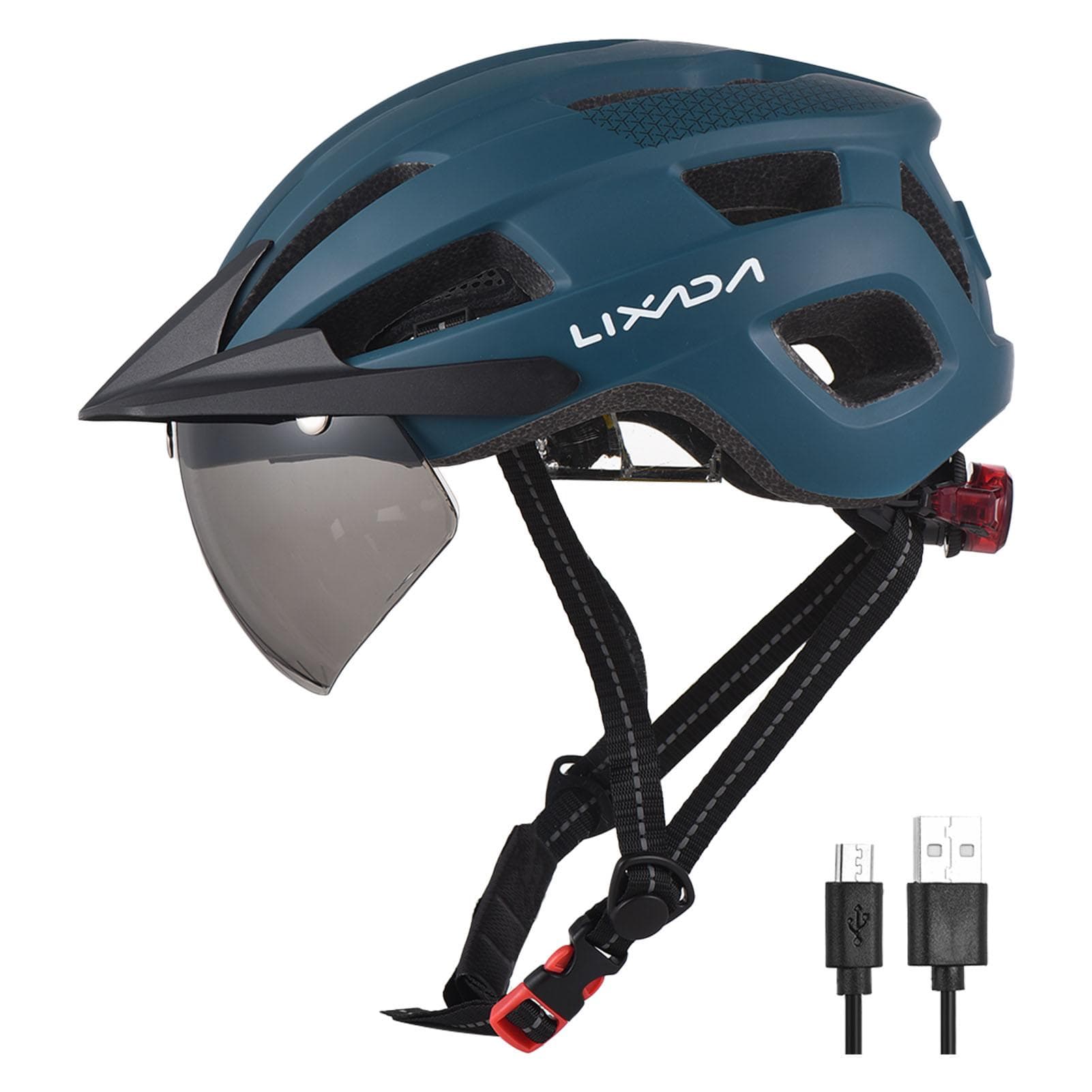 Bike Helmet with Windshield and Sun Visor Rechargeable Tail Light Adjustable Bicycle Helmet for blue