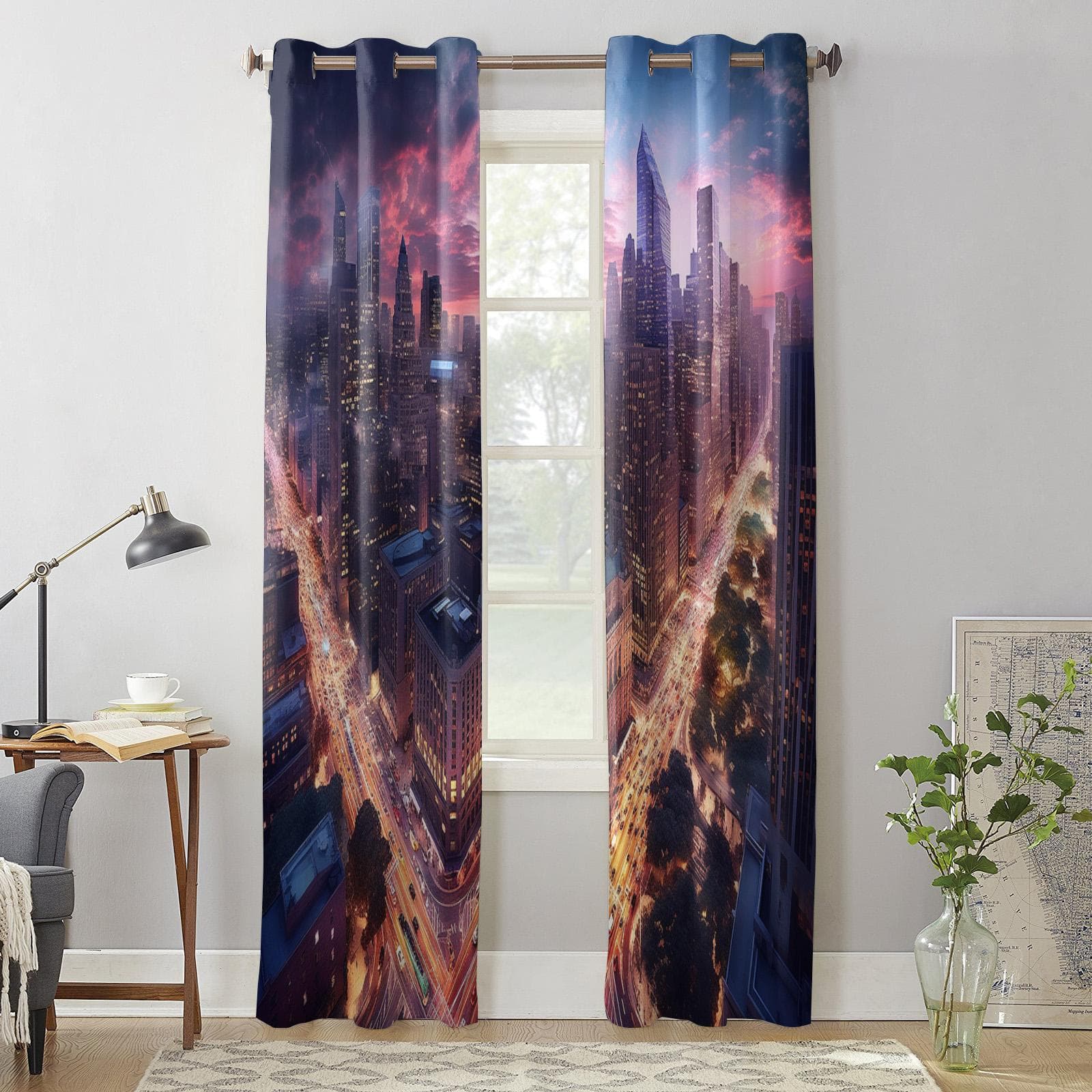 City Street Sky Gradient High Building Curtains for Bedroom Living Room Window Curtain Treatments Blinds Kitchen Decor Drapes 135W x 60H(cm) x1