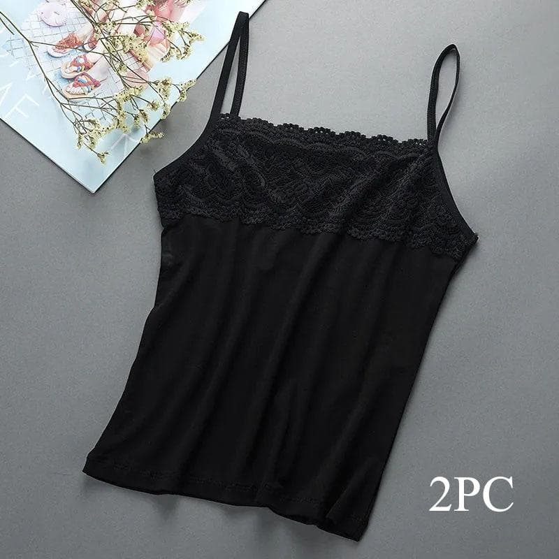 2pcs Women's Slim Large Top with Strap Tank Top Spring and Summer Lace Underlay Black and White Underlay M
