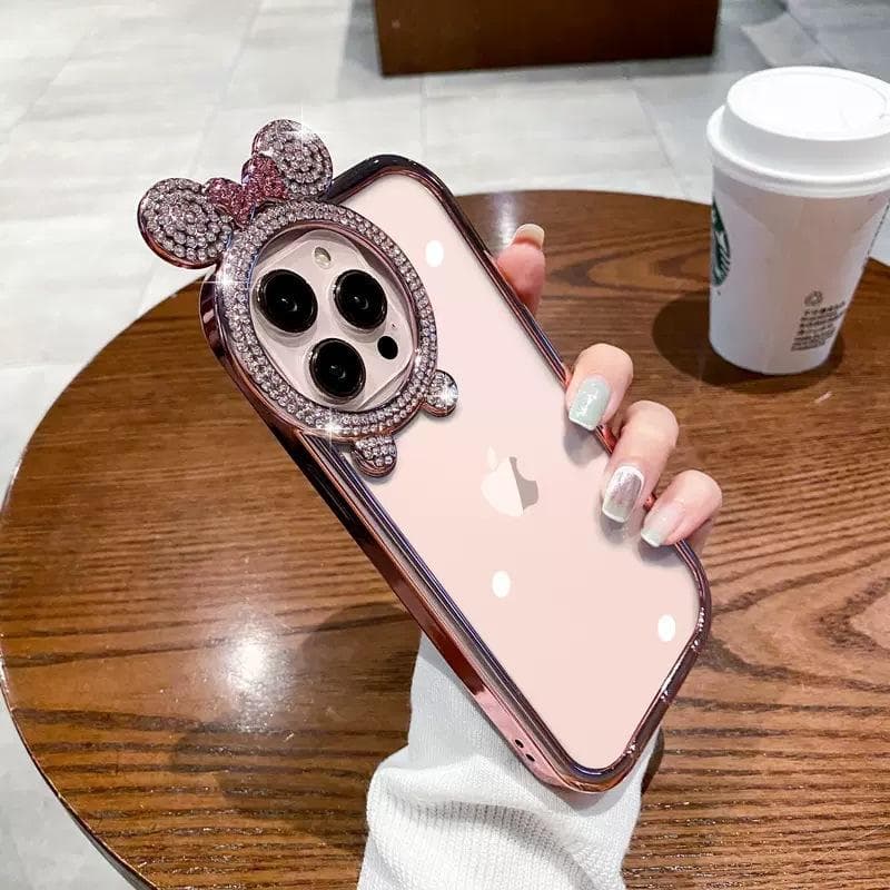Applicable To IPhone 15pro Mobile Phone Case with Diamond Round Lens Electroplated Apple 14 Silicone 13 Drop Protection Case iPhone11 pink