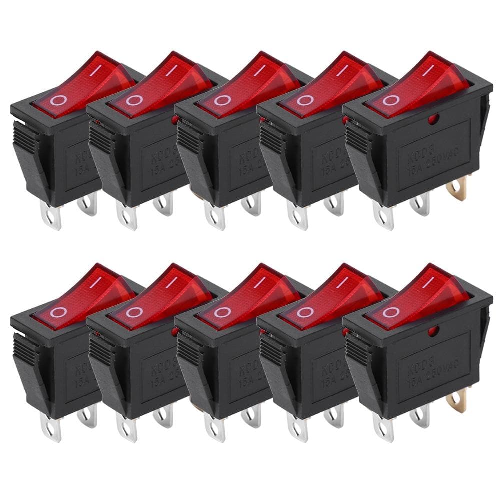 10PCs 3‑Pin Switch Rocker On Off Red Light 2‑Position KCD3 Household Appliances
