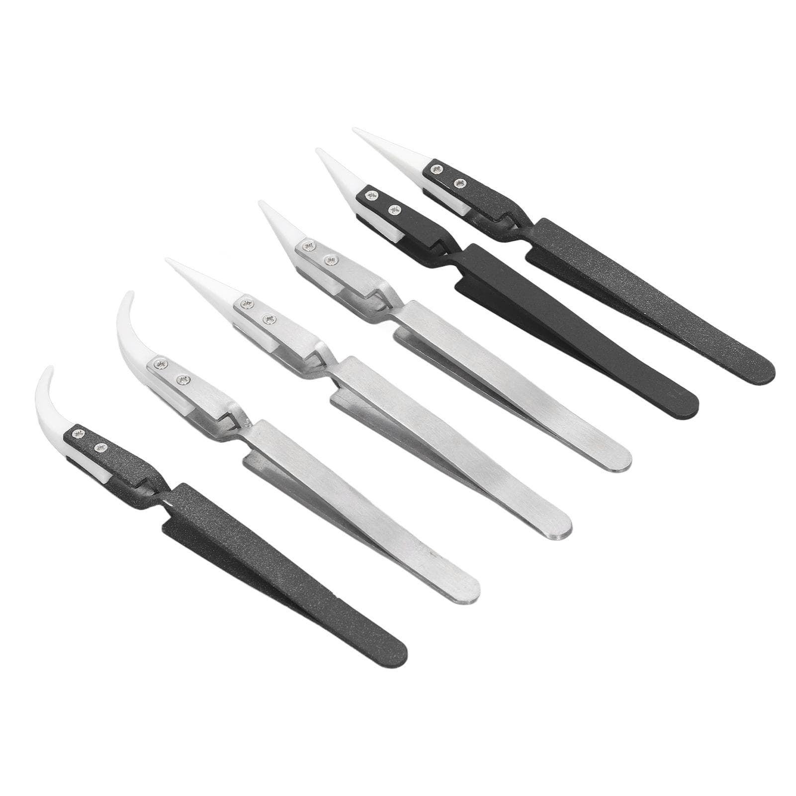 6PCS Anti Magnetic Soldering Tweezer Pointed Curved Stainless Steel Ceramics Heat Resistant Tweezer