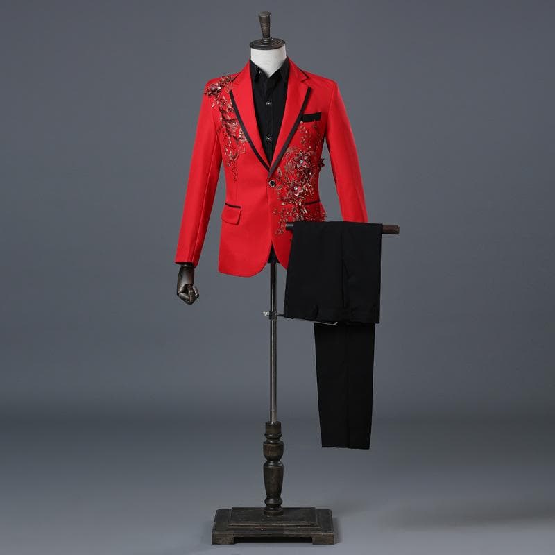 Elegant Appliqued Mens Suits Slim Fit 2 Piece Formal Tuxedo Suits Blazer Pants with Bow Tie for Wedding Prom M red