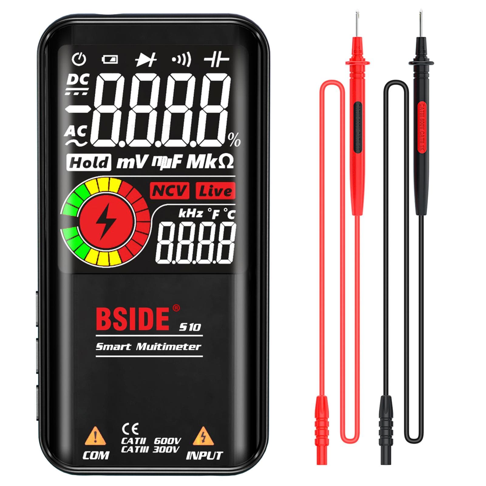 BSIDE S10 Intelligent 9999 Counts Multimeter Digital LCD Display AC/DC Voltmeter Ohmmeter Test black
