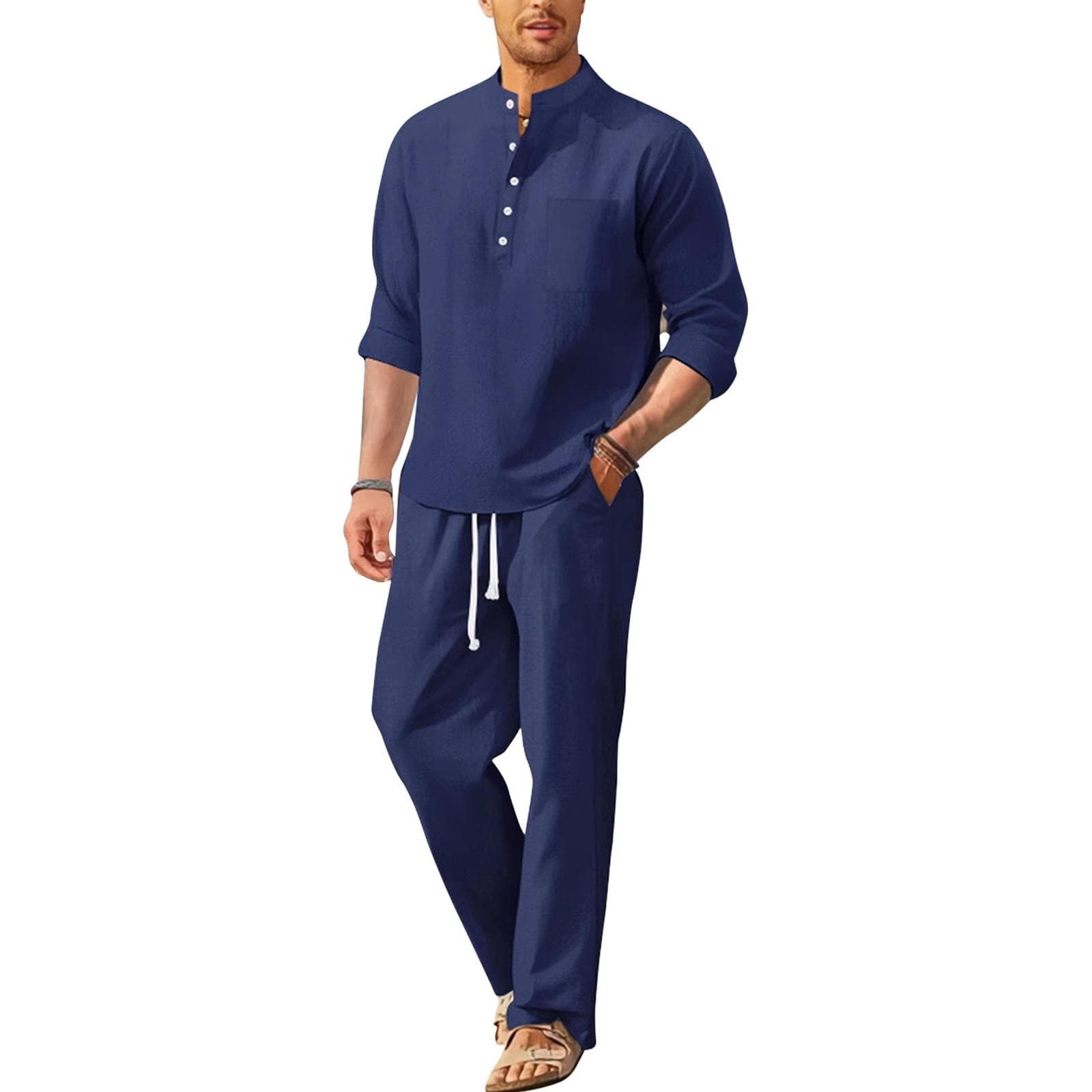 Spring And Summer Men's Cotton Linen Long Sleeved Pants Men's Casual Loose Suit XXXL dark blue