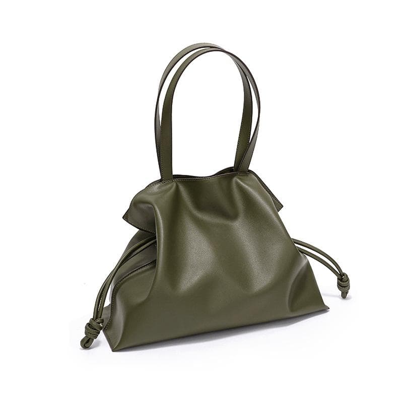 Simple and Fashionable Leather Bag Niche Leather Women's Bag Pleated Bag Shoulder Bag Drawstring Tote Bag green