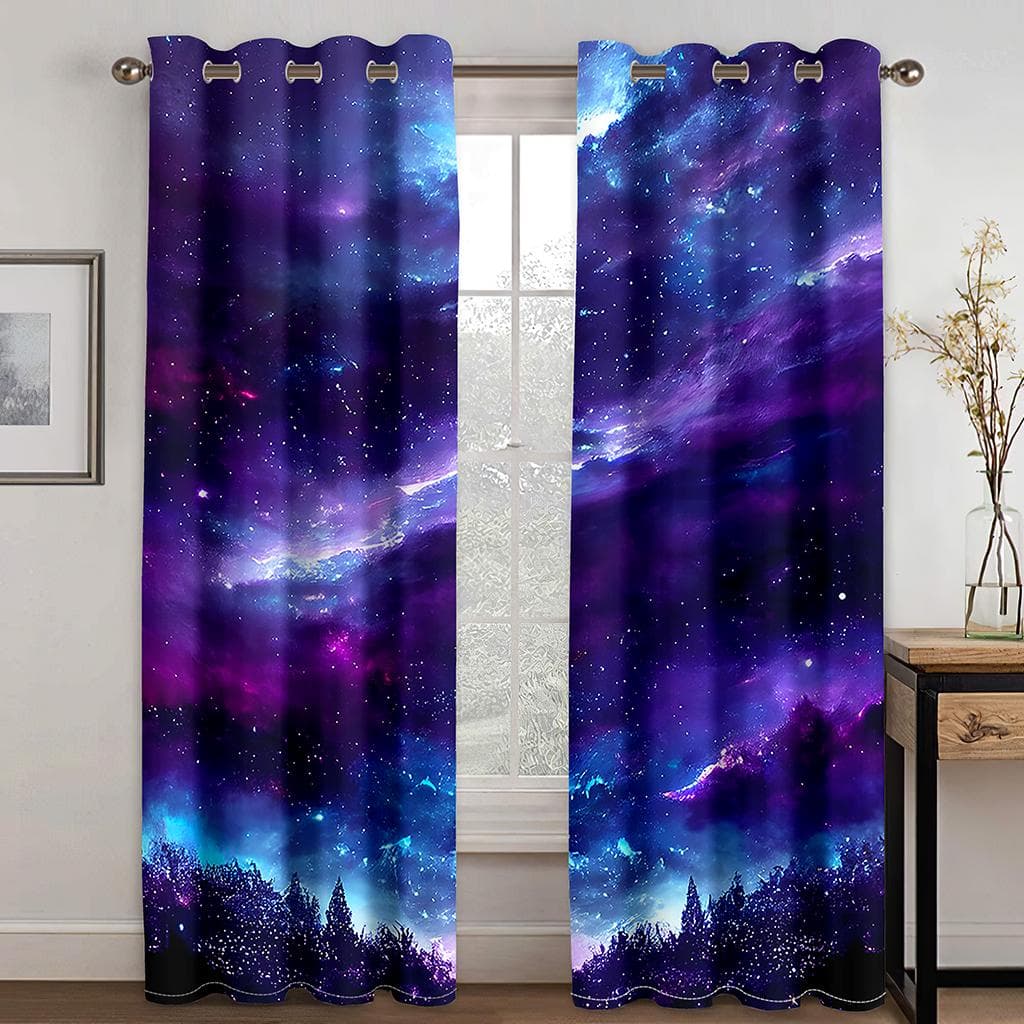 Night Stars Moon Aurora Scenery Curtains Luxury Living Room Bedroom Home Decor Curtains Bohemian Style 2 Panels 100W130H(CM)40x51in&Grommet Top
