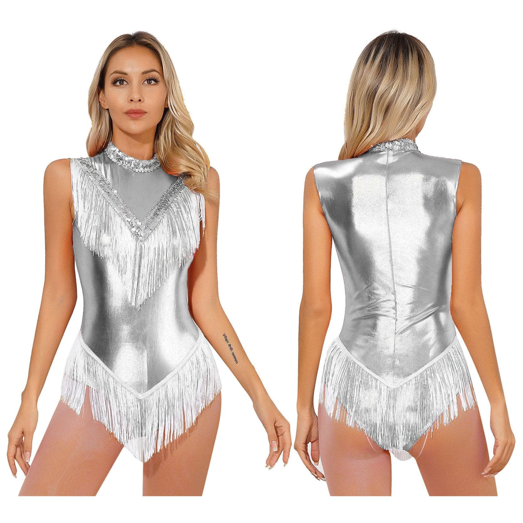 Womens Metallic Sleeveless Fringed Bodysuit Shiny Sequins Mock Neck Tassel Leotard for Latin Dance Performance L silver