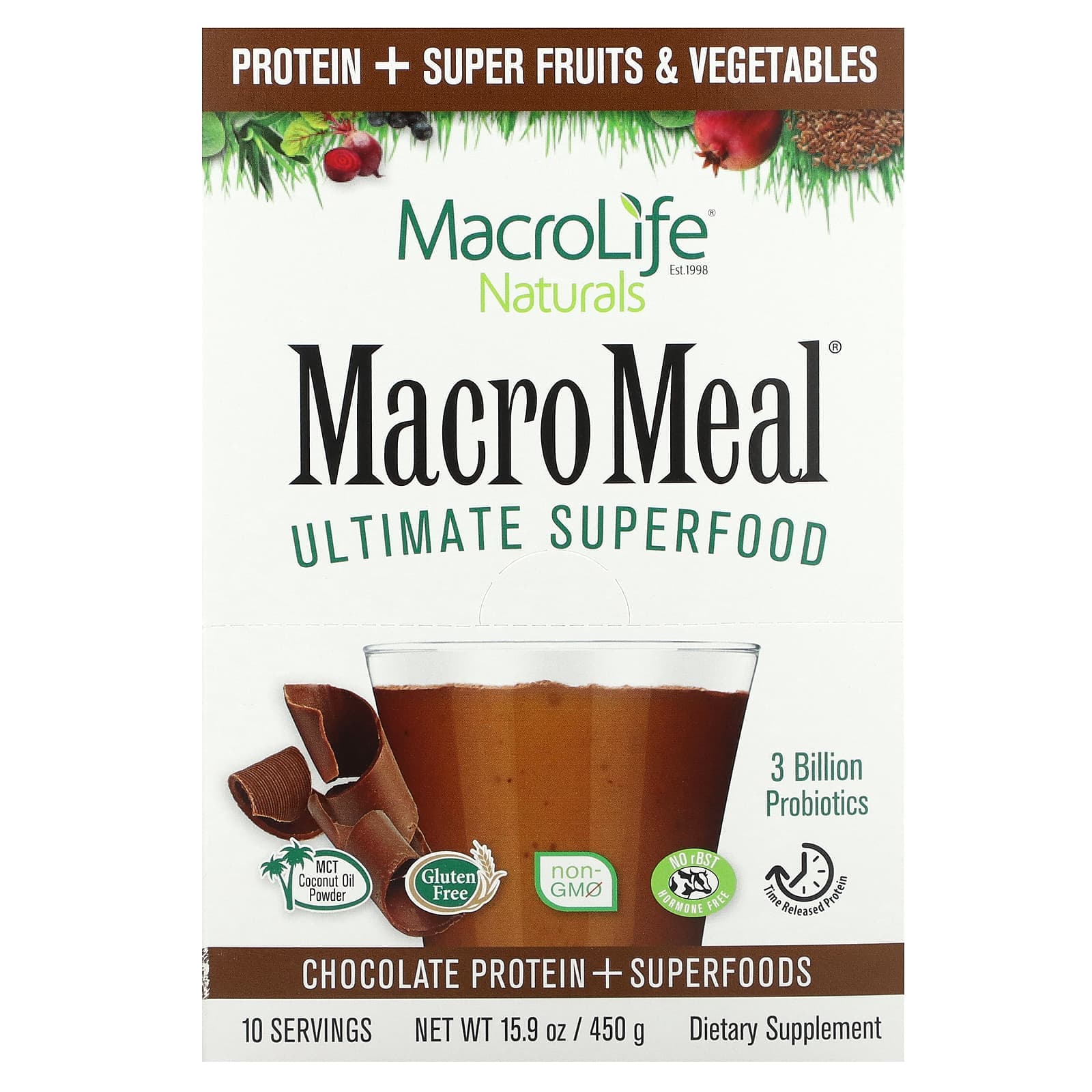 Macrolife Naturals, Macro Meal, Ultimate Superfood, Chocolate, 10 Packets, 1.6 oz (45 g) Each