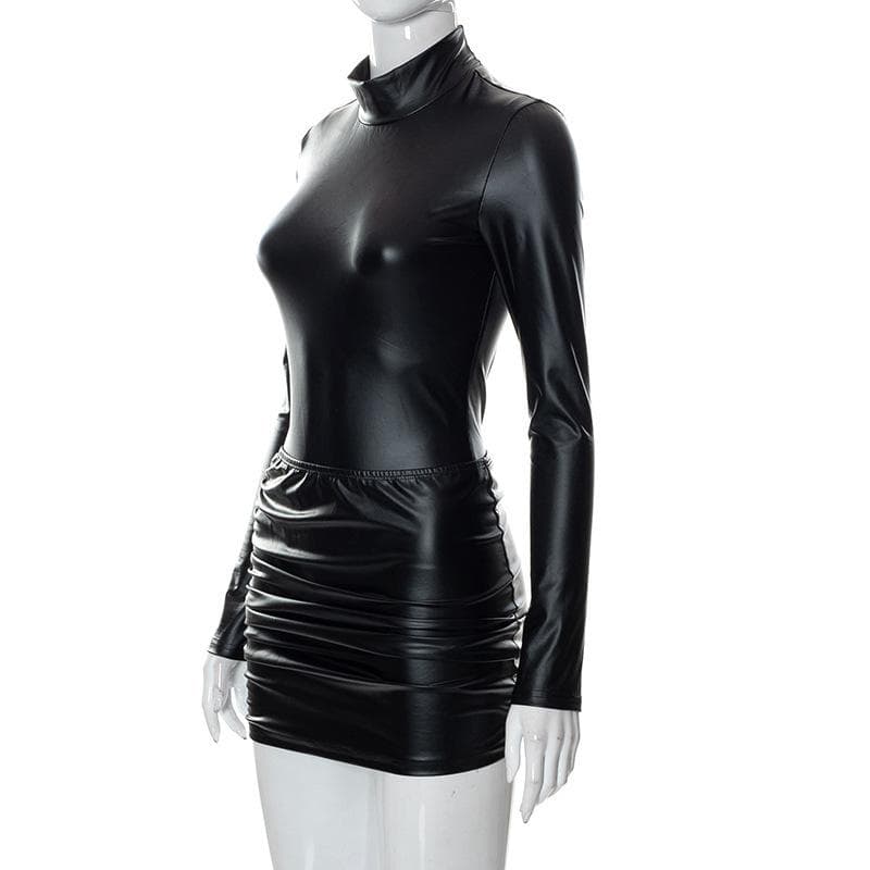 Women's Spring and Winter New Solid Color Casual Long-sleeved Jumpsuit Pleated Short Skirt Leather Suit S black