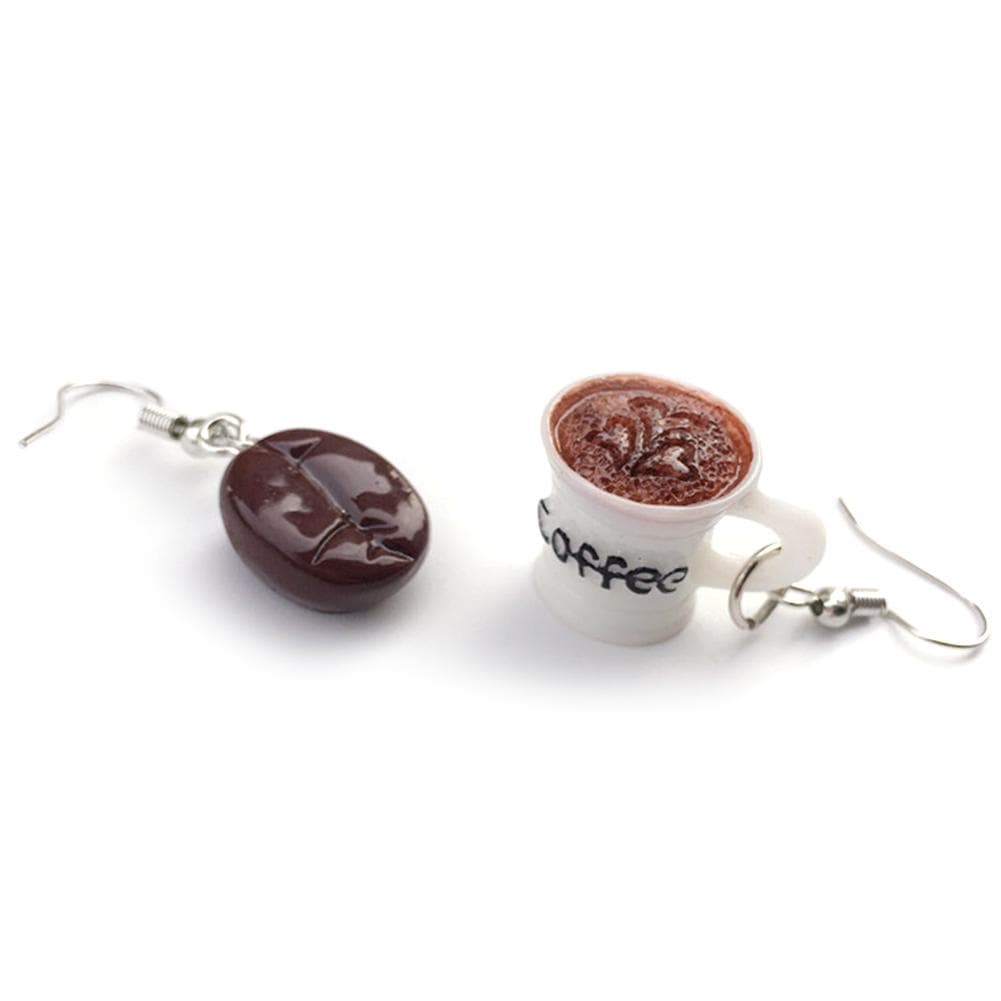 Women Funny Asymmetric Coffee Bean Cup Drink Drop Dangle Hook Earrings Jewelry white