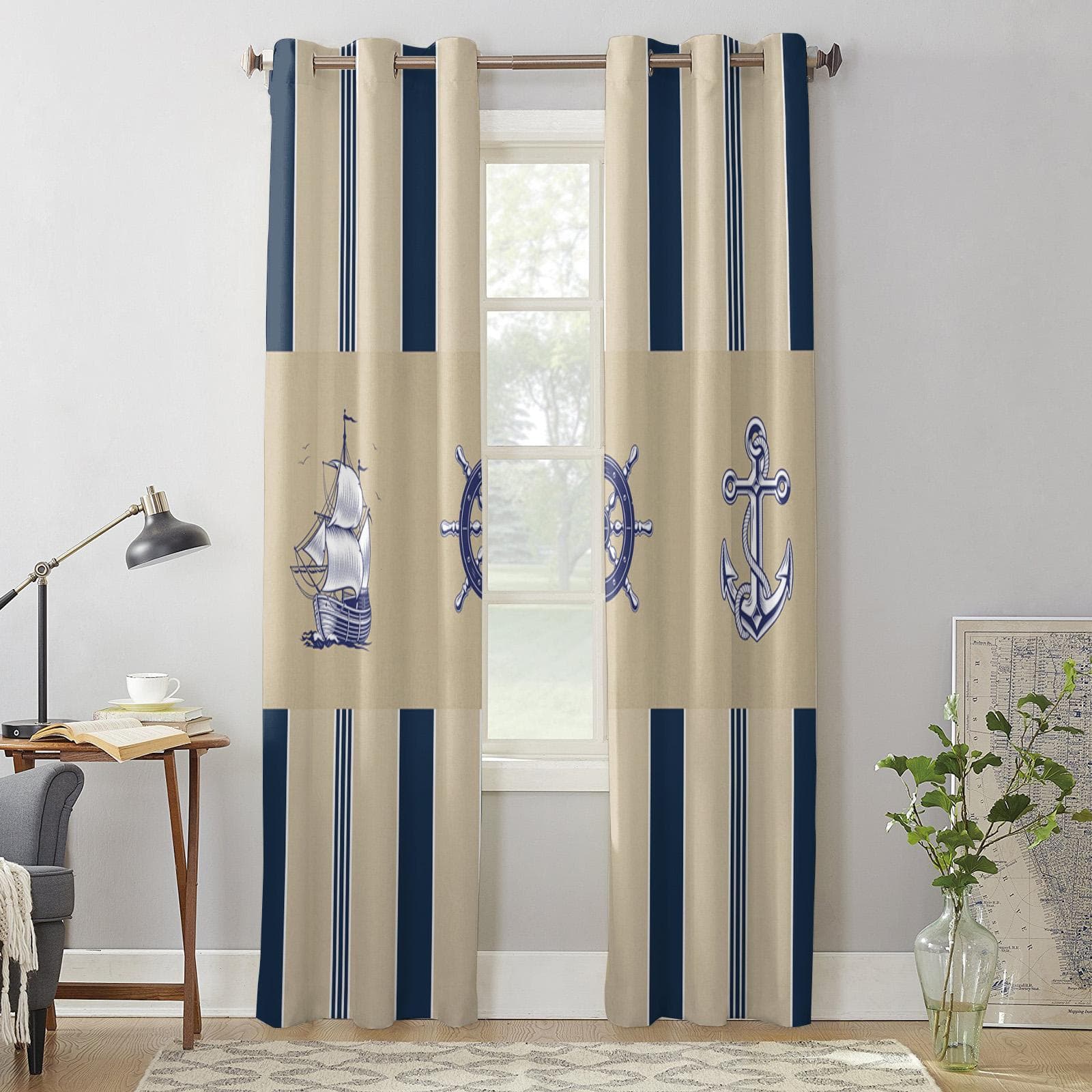 Striped Ship Rudder Anchor Curtains for Bedroom Living Room Window Curtain Treatments Blinds Kitchen Home Decor Drapes 135W x 60H(cm) x1