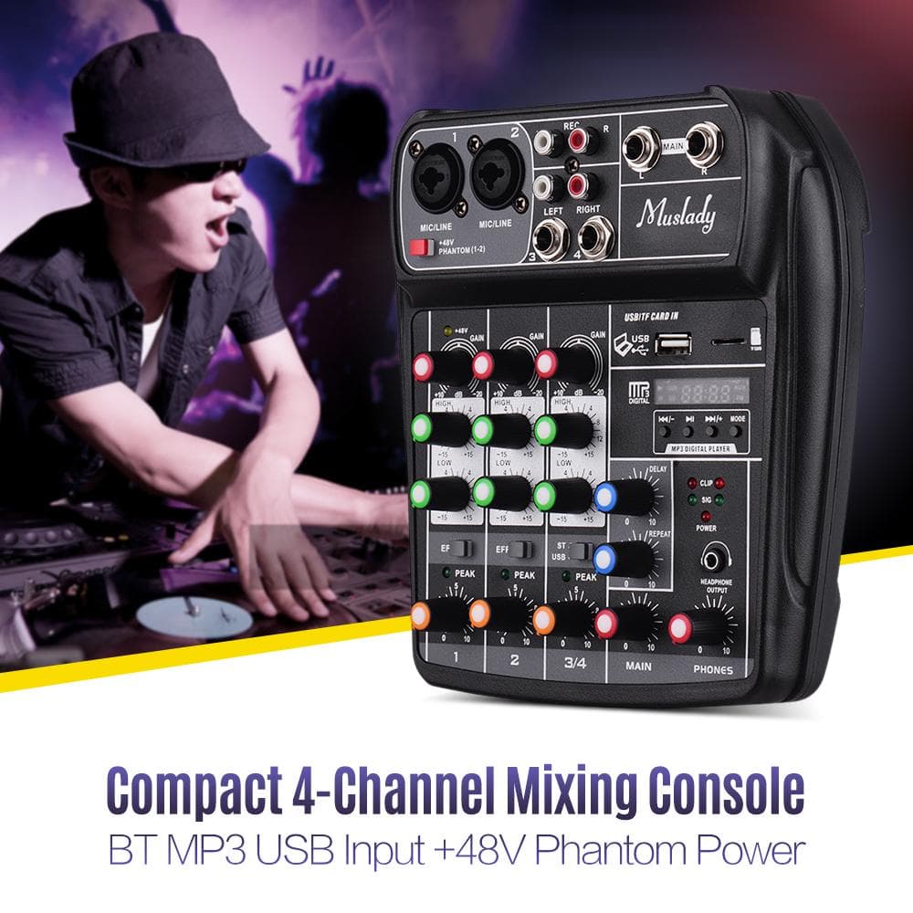 Muslady AI-4 Compact Mixing Console Digital Audio Mixer 4-Channel BT MP3 USB Input +48V Phantom black