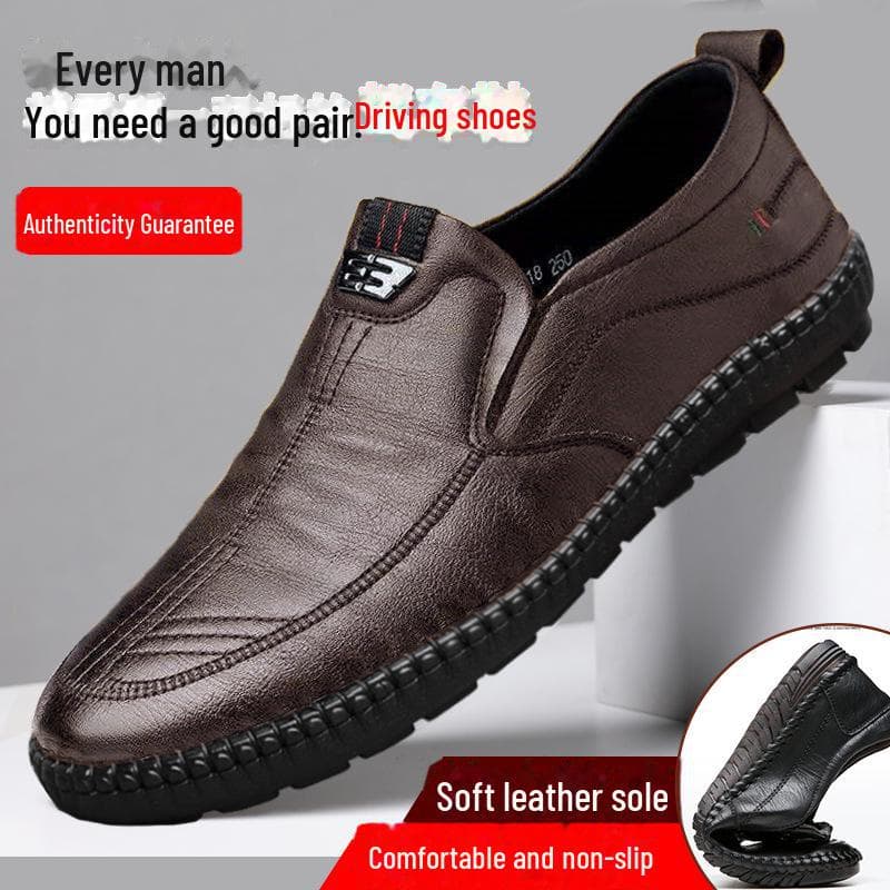 Men's Slip-On Leather Shoes: Non-Slip, Breathable, Soft-Soled for Middle-Aged and Elderly 39 brown